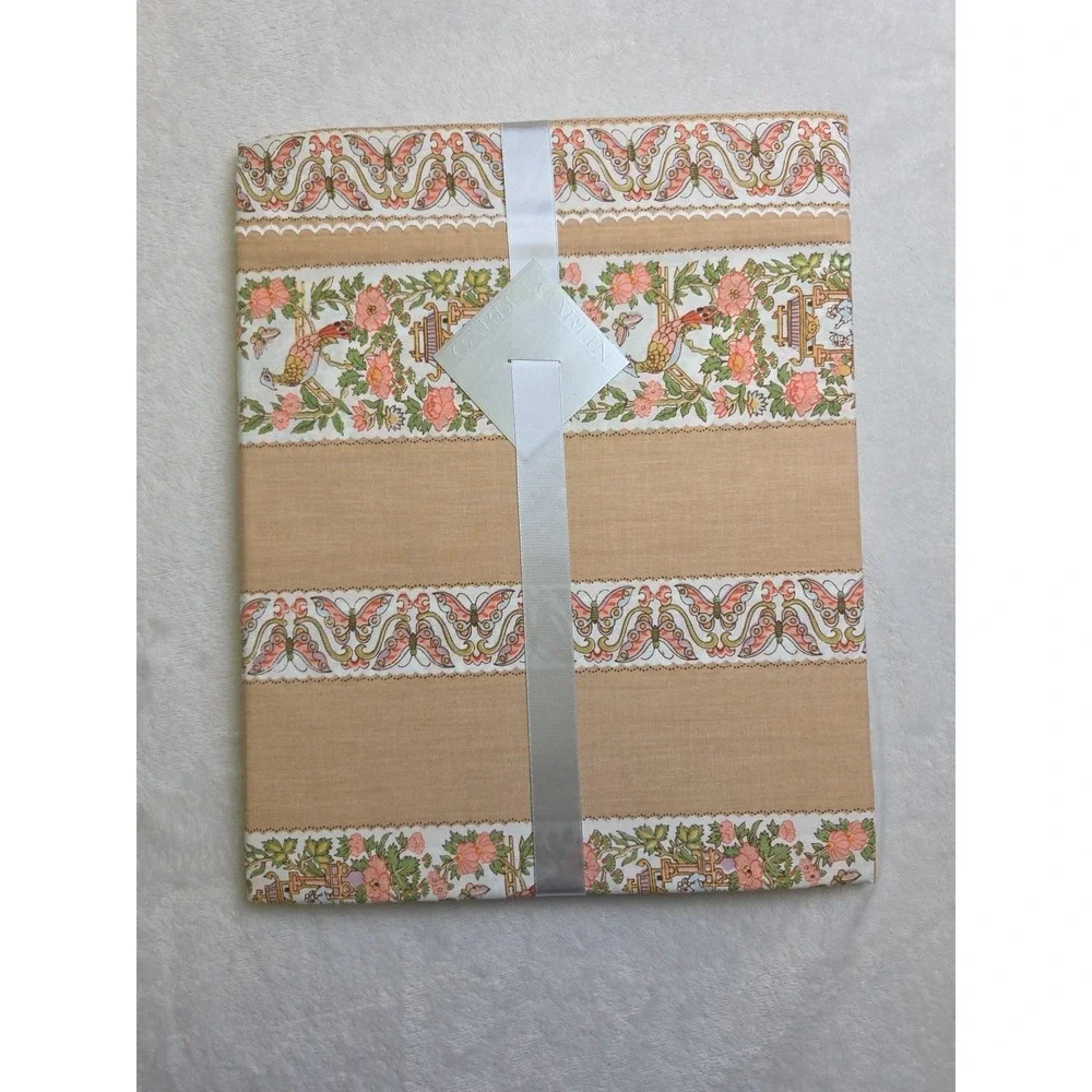 Vtg NEW CARLIN Chinoiserie Duvet and Sham‎ Set Asian Scene Butterflies Scalloped